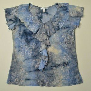 Dressbarn Size M Womens RUFFLE Front CAP Sleeve BLUE Silver Floral STRETCH Shirt
